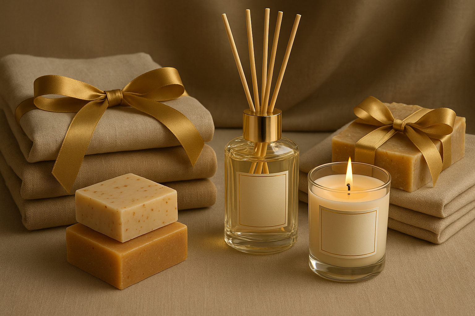 Exklusive Wohntextilien, Naturseifen, Raumdüfte & Kerzen eleganz beige und gold