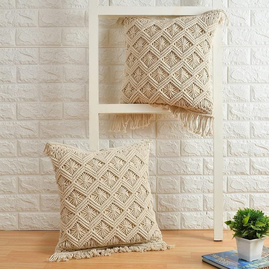 Handgewebter Makramee-Kissenbezug – 45×45 cm, Naturbaumwolle