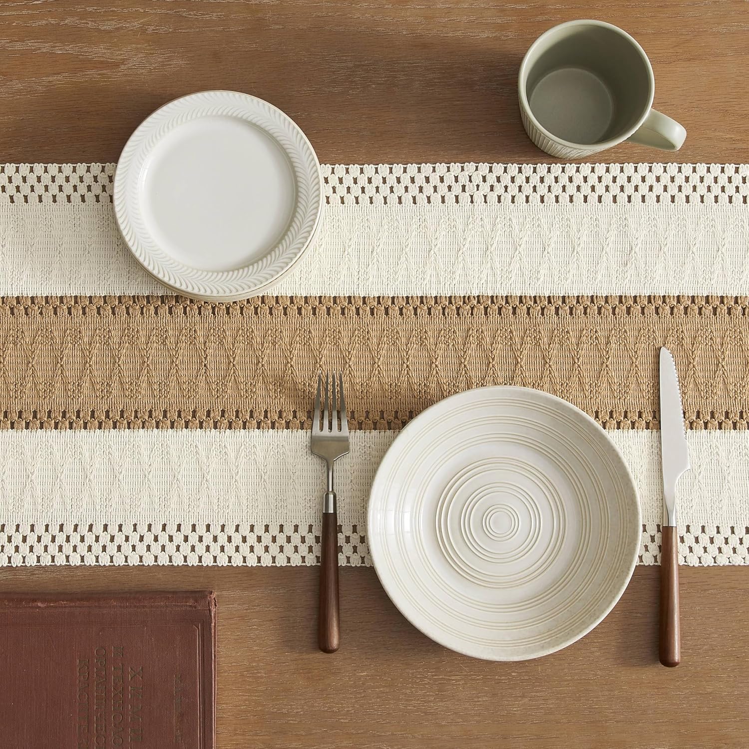 Handgewebter Tischläufer aus Baumwolle - Boho Bicolor, Creme & Braun, 30×183 cm